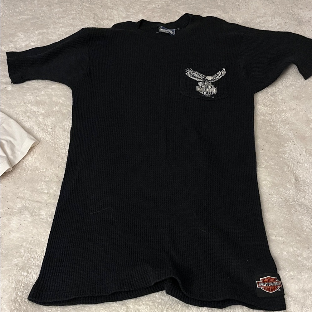 Harley-Davidson Black Waffle Knit Shirt with Eagle Patch